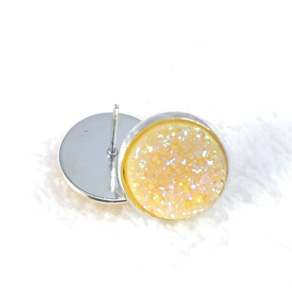 SOLD   Yellow Glitter Druze Stud Earrings - Picture 2 of 4